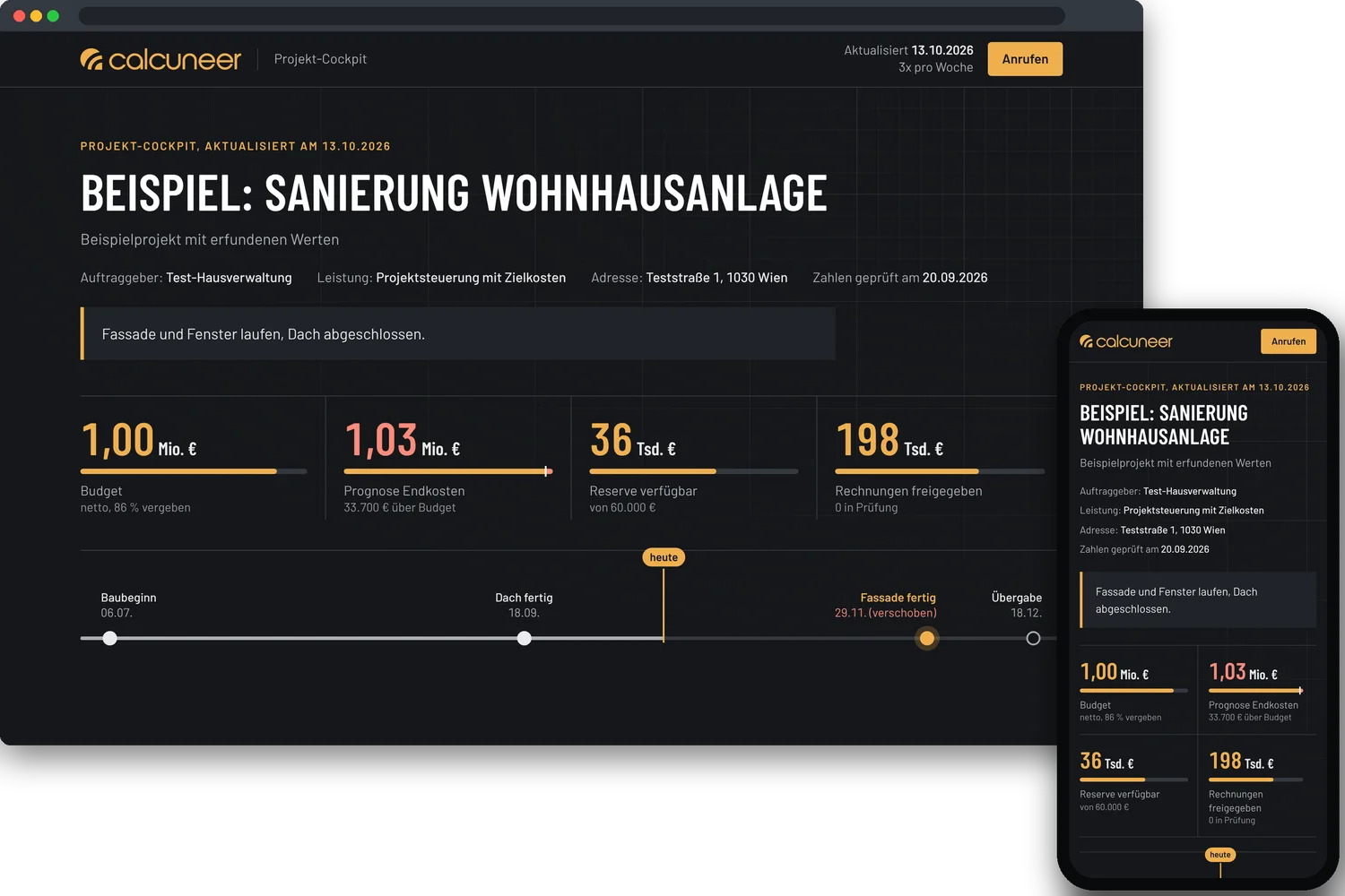 Projekt-Cockpit am Computer und am Handy: Budget, Prognose, Reserve, freigegebene Rechnungen und Terminstrahl eines Beispielprojekts